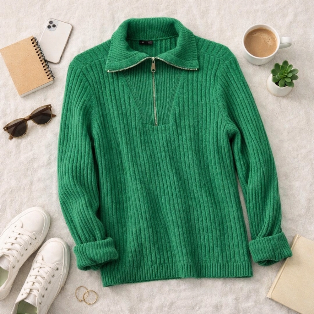 Talbots Green Ribbed Mockneck 1/4 Zip L Sleeve Midweight Sweater. Ladies Size L